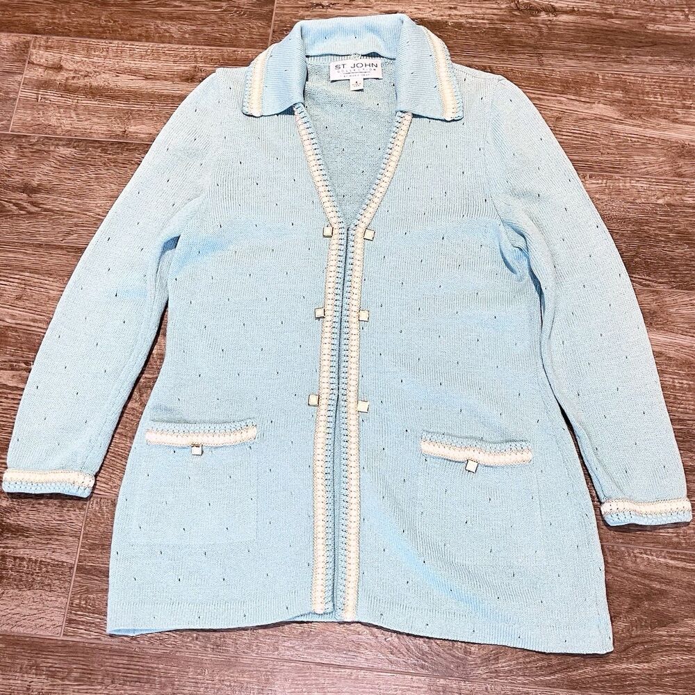 Vintage ST.JOHN Cardigan Marie Gray Cardigan Size 4 Sweater Jacket Blue Knit USA
